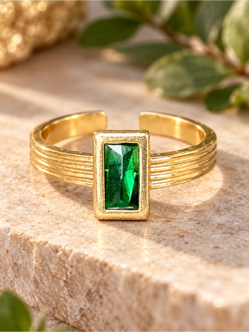 Gold Tone Emerald Green Baguette Ring | Minimalist Bezel Set Statement Ring